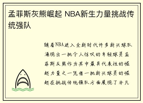 孟菲斯灰熊崛起 NBA新生力量挑战传统强队